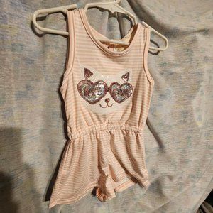 Btween Girls Size 2T Romper Pink and White Stripes With  Sequin Cat on the Front